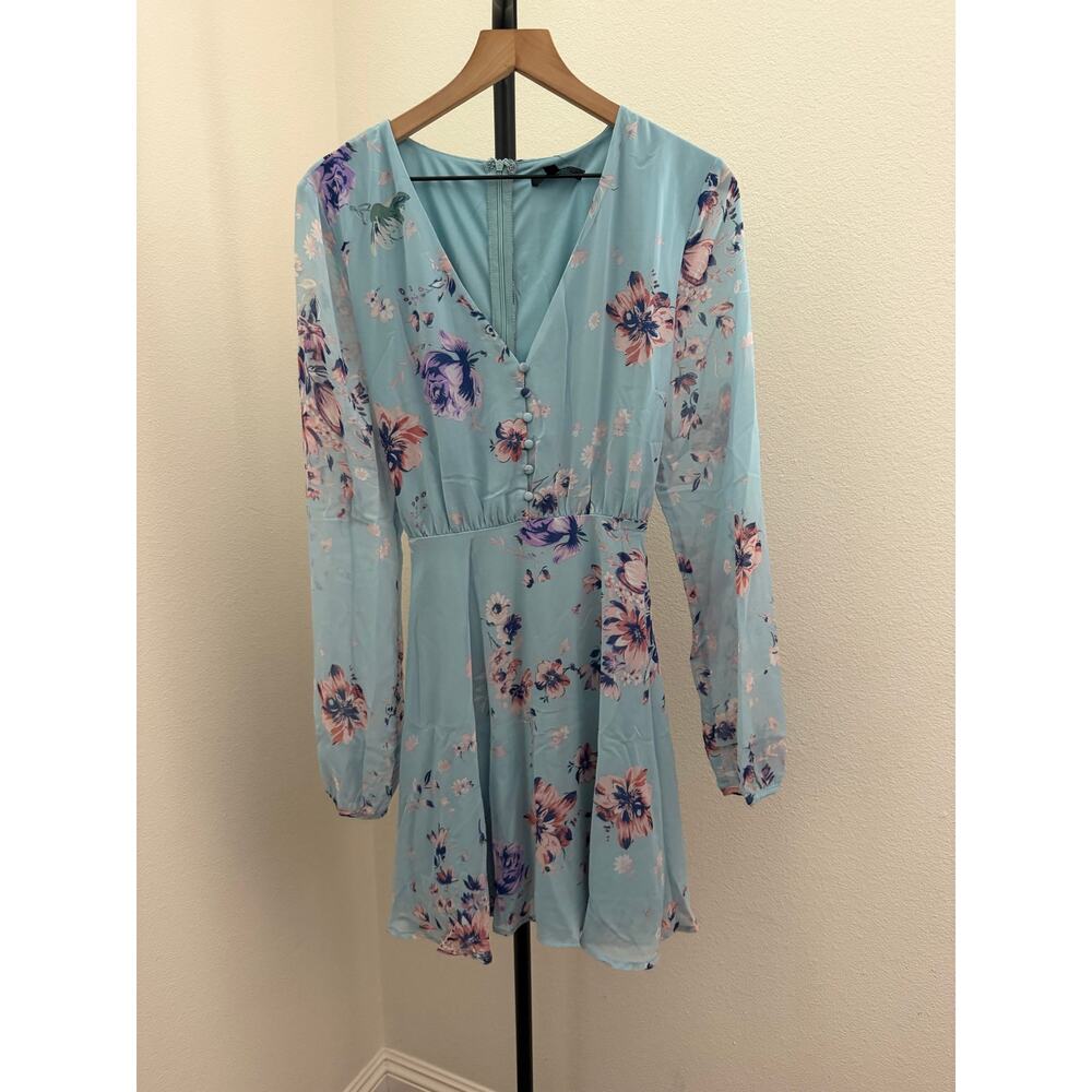 New Lulus Always Yours Light Blue Floral Print Long Sleeve Skater Dress Sz L - Picture 5 of 7